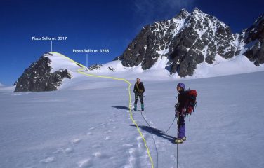 Sandro e Marianna sul Ghiacciaio di Scerscen con il percorso da seguire per raggiungere la cima (25-6-1999)