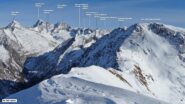 In evidenza la cresta est del Piz Olda (altra possibile via di salita) che collega al Pian della Regina. Bellissimo il panorama sul Gruppo Adamello.