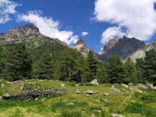 Il Vallone delle Forciolline racchiuso tra le Rocce di Viso e le Rocce Meano, al centro la Guglia delle Forciolline