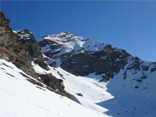 La parete SO del Cornour con l'itinerario di discesa (vista dal traverso del Col Rousset)