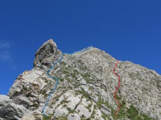 Cresta S (blu) e canale-cengia (rosso)