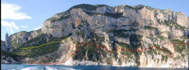 Da Cala Goloritze alla ferrata, fonte Gognablog, noi siamo passati dal rosso, finita la placca bianca salire dritti nel bosco come nel disegno. 